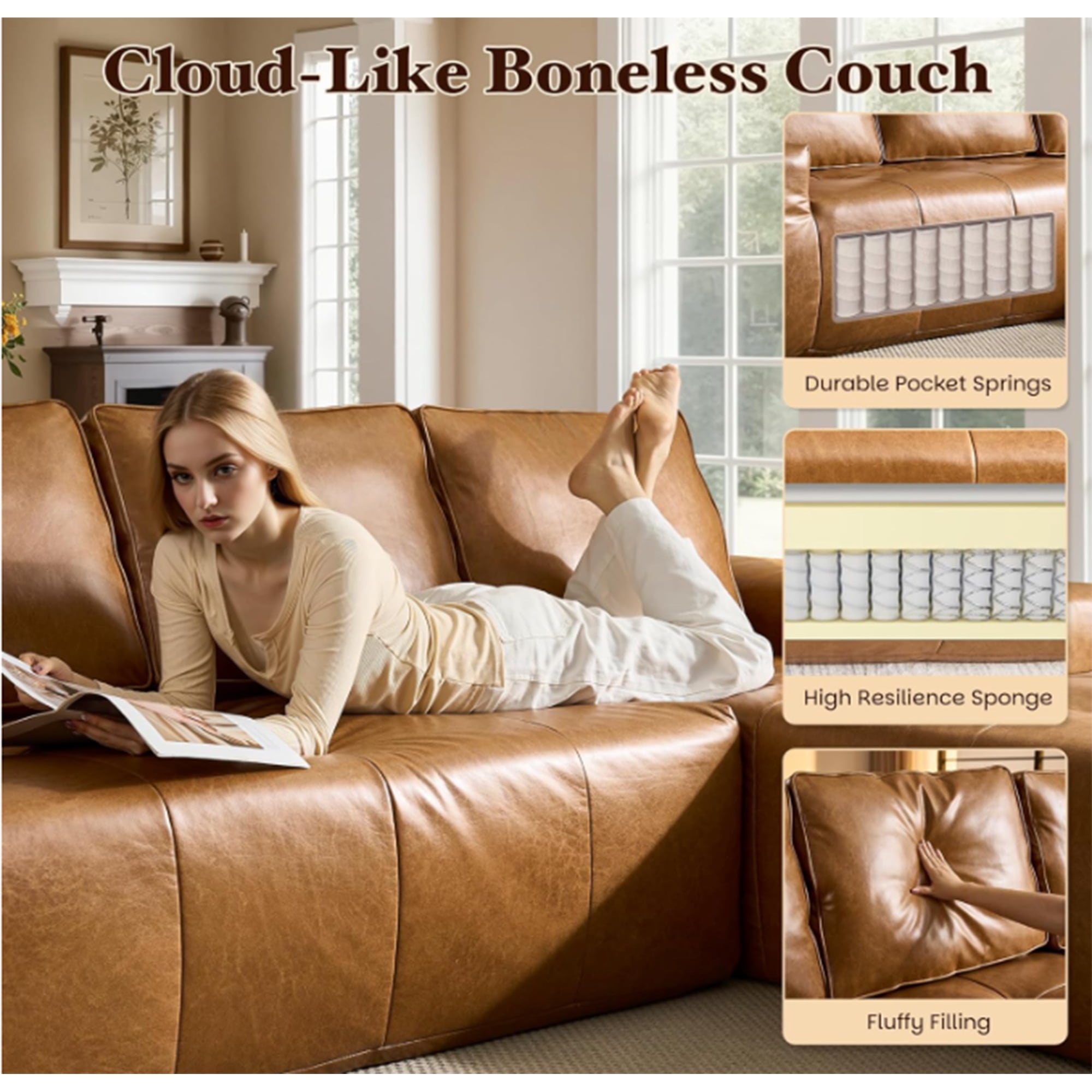 Boneless Brown Faux Leather Cloud Sectional Sofa with Chaise,L Shaped Modular Deep Seat Sofa Couch, No Assembly Required,Left-Hand Facing