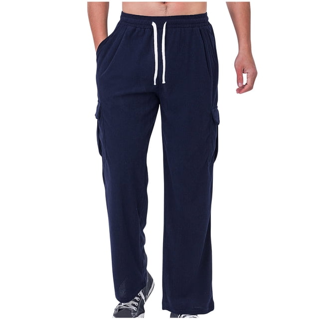 aidice Mens Workout Pants Corduroy Casual Loose Straight Leg Drawstring Elastic Waist Outdoors Exercise Pant with Pockets