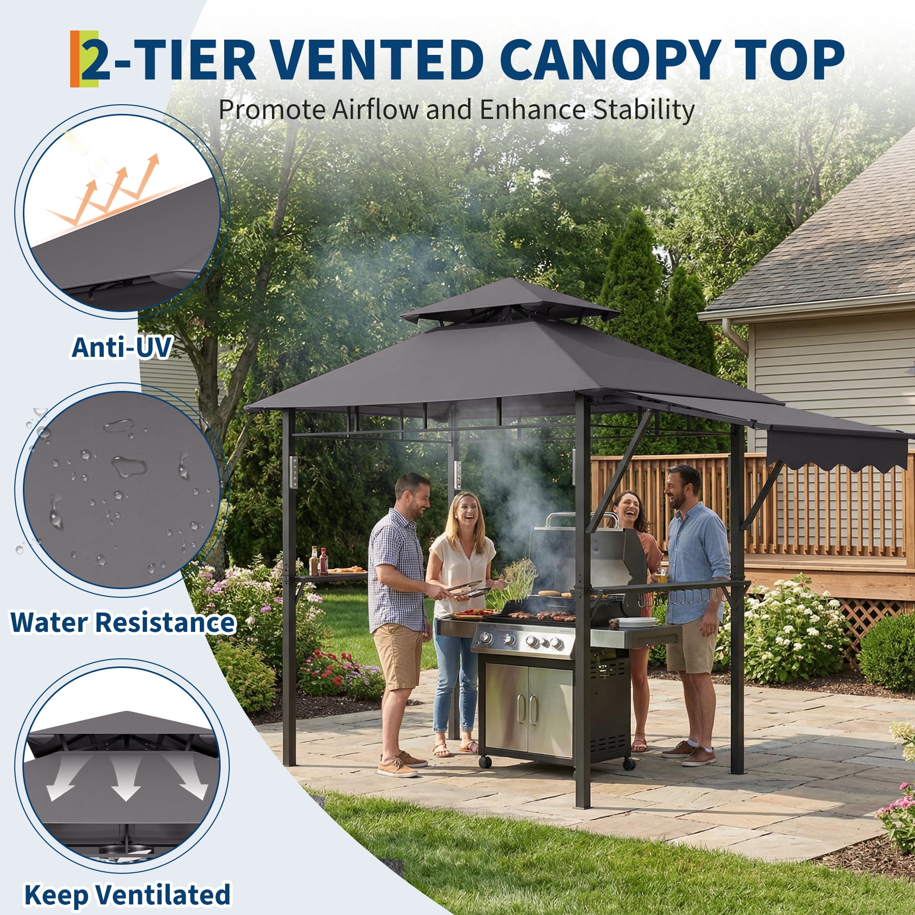 SOLLED Grill Gazebo with Canopy, 10x10 FT Outdoor BBQ Shelter with Mosquito Netting, Patio Canopy for Backyard Garden Cooking,Gray