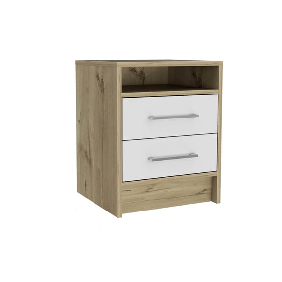 Xukmct Wood Nightstand with 1 Bottom Shelf, 1 Drawer Beside Table for Office, Living Room, Bedroom, White   Light Brown