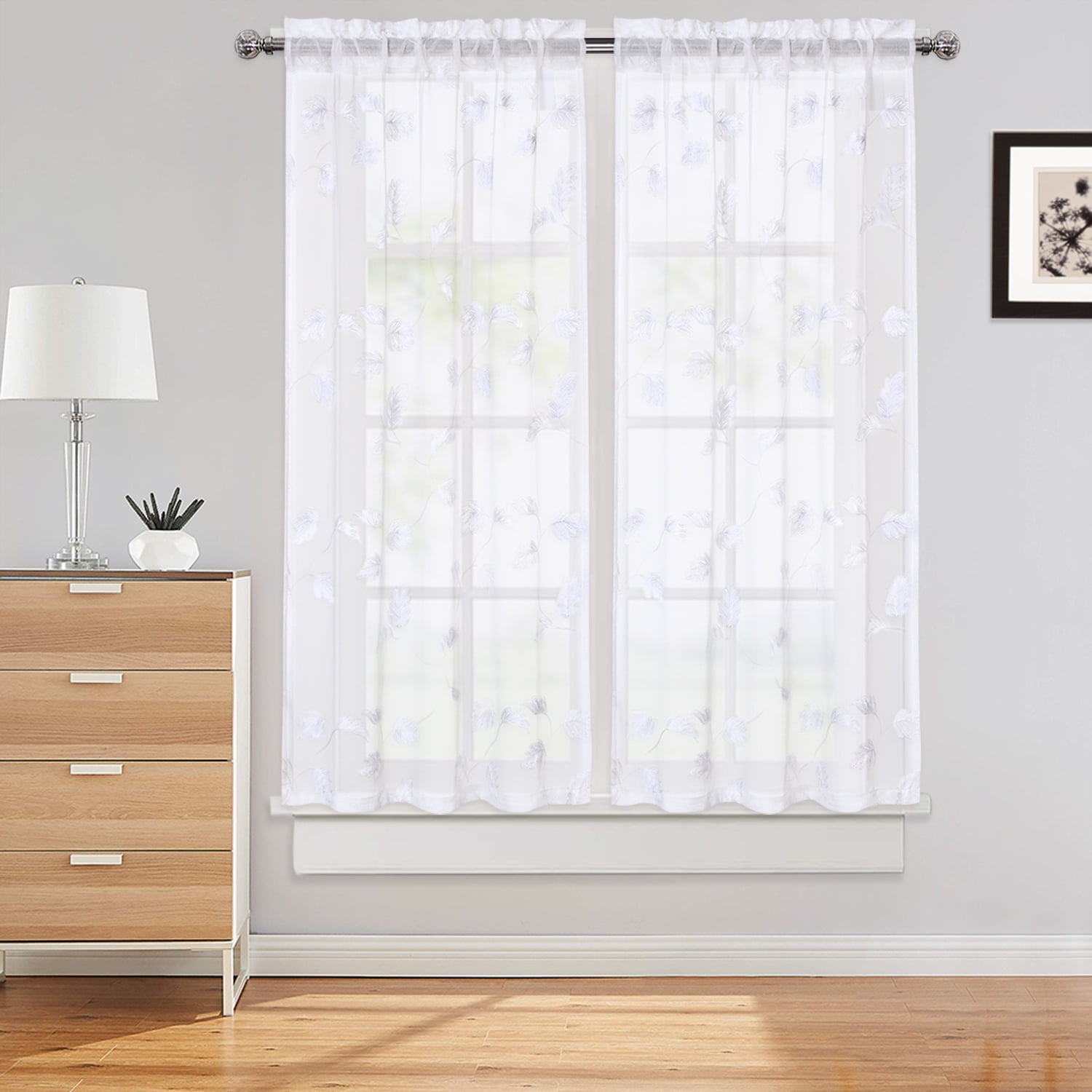 Assile White Sheer Curtains 45 Inch Length, Woven Faux Linen Leaves