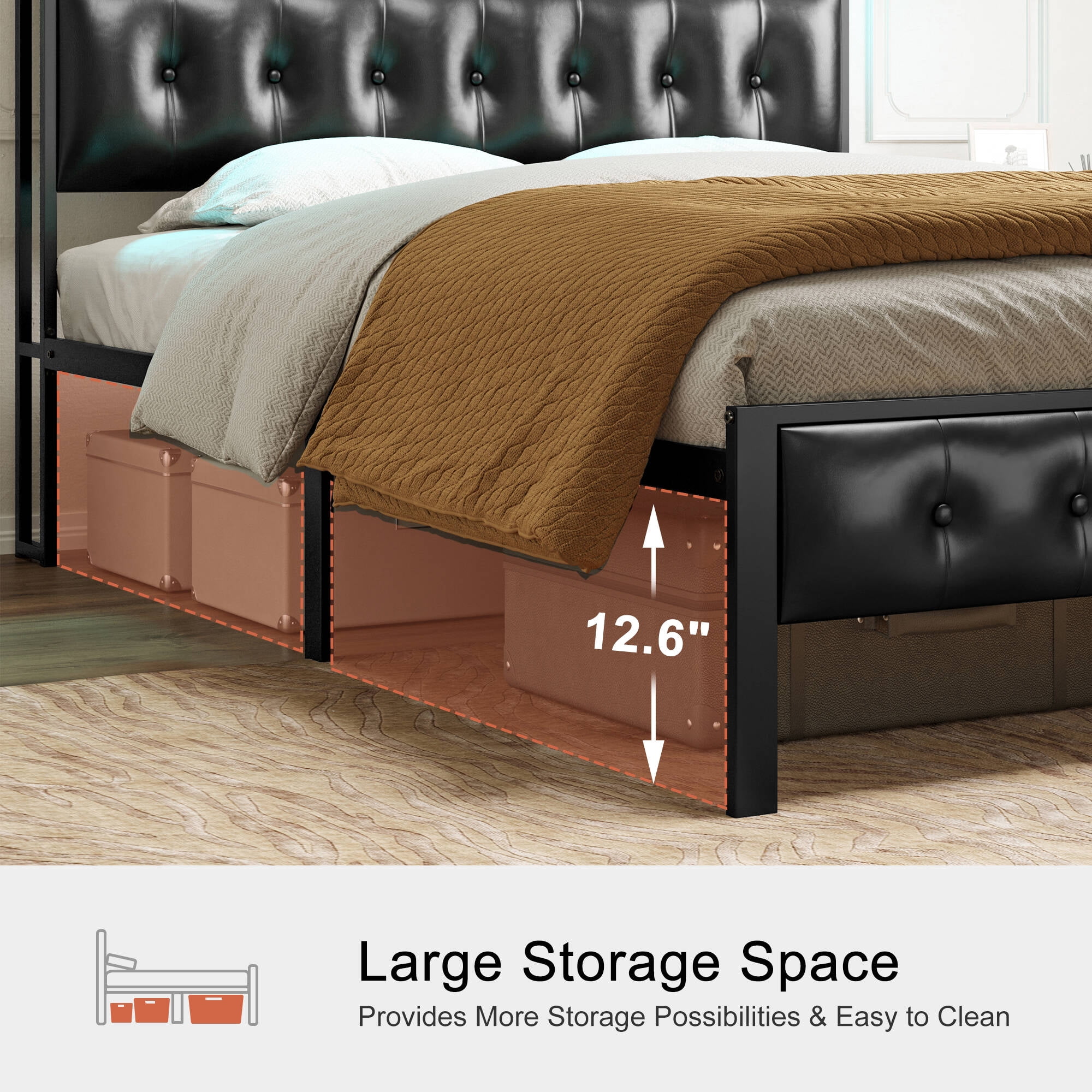 GUNAITO Full Size Bed Frame with PU Leather Storage Headboard & Footboard Upholstered Platform Bed with LED Lights USB Ports & Outlets Black