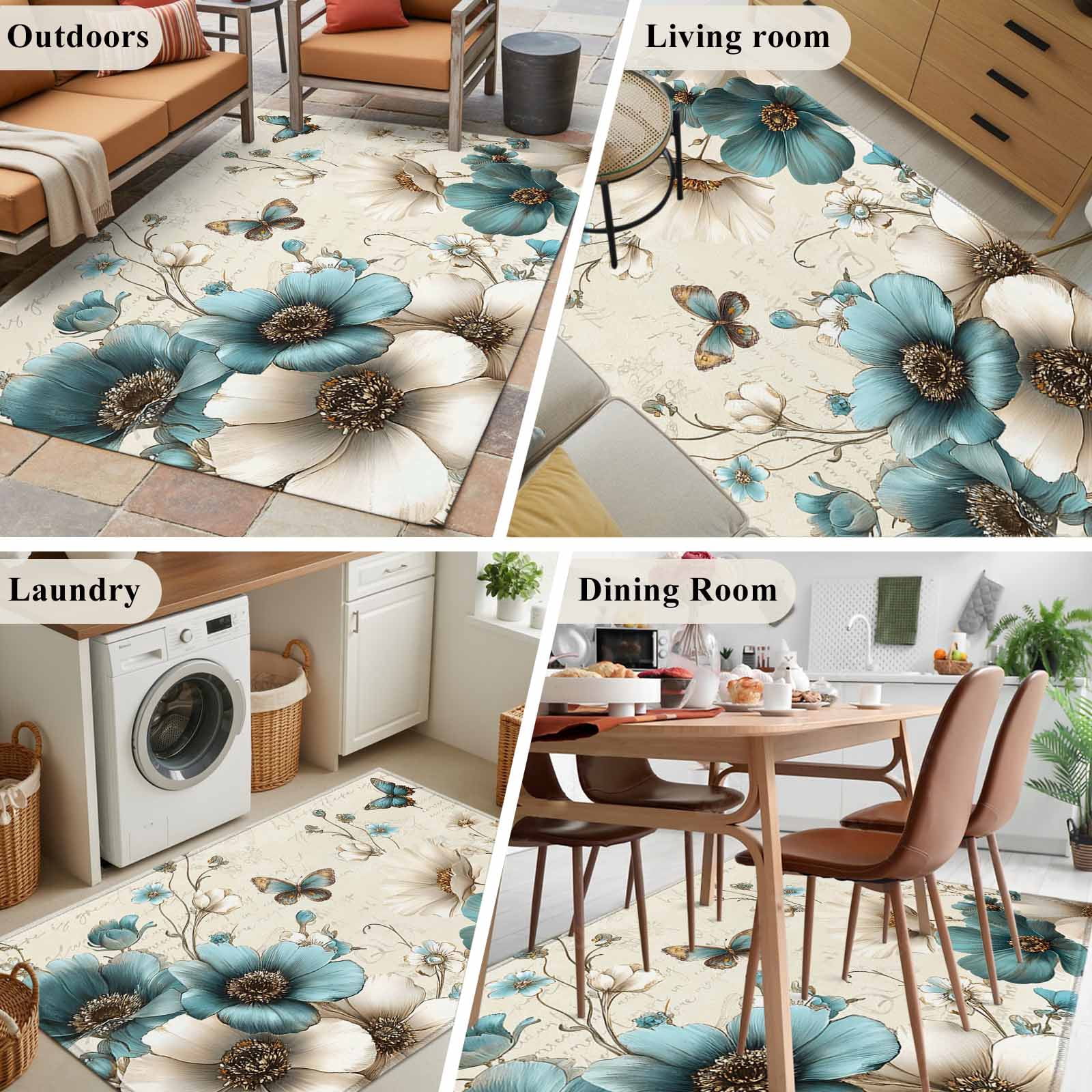 Teal Tulip Butterfly Area Rugs 4'x6', Washable Small Throw Rugs for Office Bathroom, Turquoise Floral Farmhouse Beige Indoor Outdoor Rug Non-Slip Low Pile Carpet Runner Reversible Floor Mats