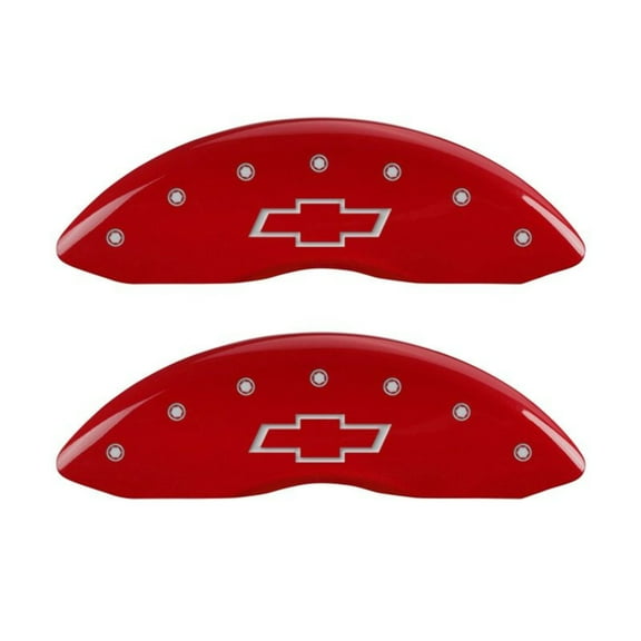 MGP 4 Caliper Covers Engraved Front & Rear Bowtie Red finish silver ch Fits select: 2000 CHEVROLET SILVERADO C1500, 2005-2006 CHEVROLET SILVERADO K1500