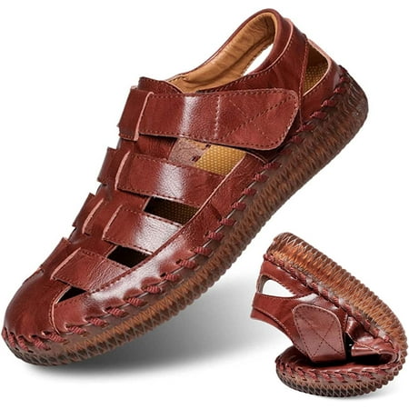 Mens Leather Sandals Outdoor Hiking Sandals Waterproof Athletic Sports Sandals Fisherman Beach Shoes Closed Toe Water Sandals