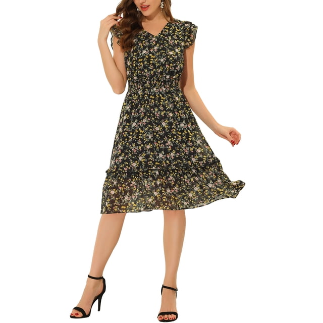 INSPIRE CHIC Robe pour Femme à Fleurs Manches Volantées Col en V Smockée à Volants Robes Décontractées Noir Rose TG