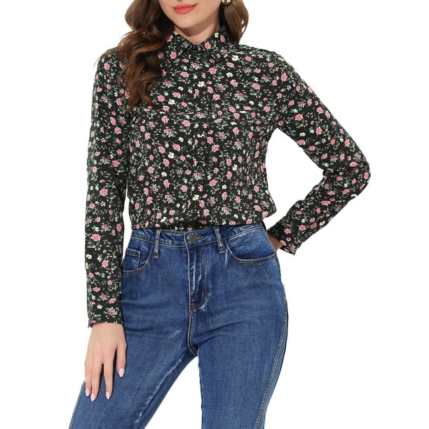 Camisa de mujer Inspire Chic con botones, estampado floral, de manga larga, cuello de punta, top de oficina, talla XL, negro y rojo