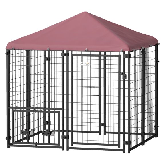 Outdoor Dog Kennel with Cover, 4.6'x4.6'x5' Welded Wire Dog Run, 360° Rotating Bowls, Adjustable Height, Lockable Gate for Medium Dogs up to 44 lbs
