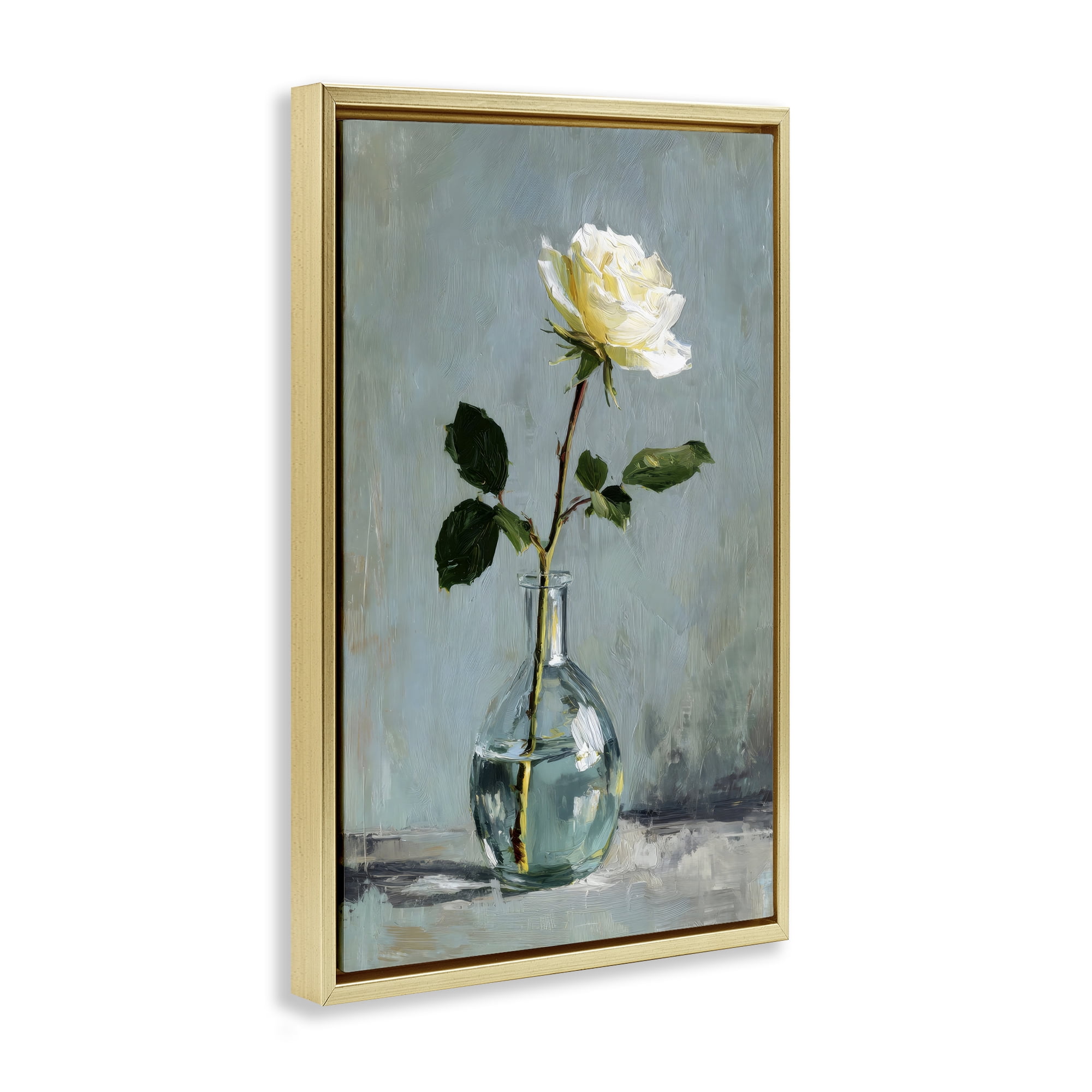Stupell Industries Sweet White Rose in Vase Gold Framed Floater Canvas Wall Art, design by Petal Prints Design