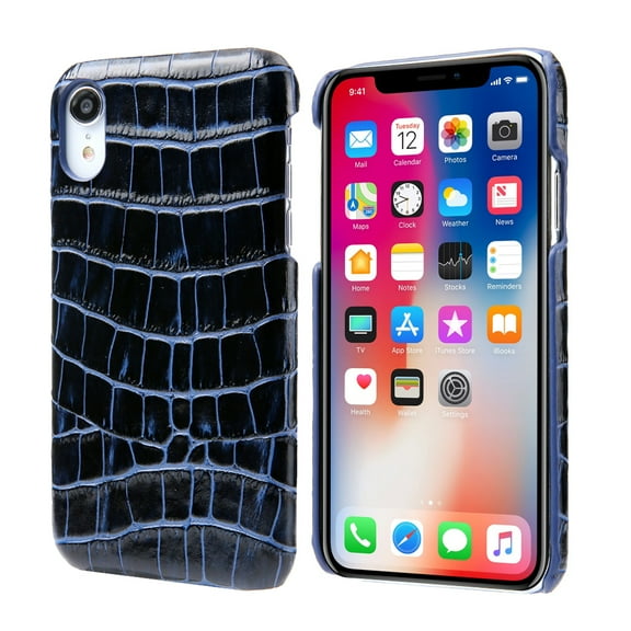 iPhone Xr Case, Allytech Genuine Leather Simple Crocodile Grain Design Hard Back Protective Case Lightweight Bumper Case Shock Resistant Cover for 6.1-inch iPhone Xr, Blue