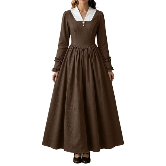 KICILVS Victorian Costume Women V Neck Long Sleeve Ruffle Trim Cuff Swing A Line Dress Renaissance Cosplay Outfit