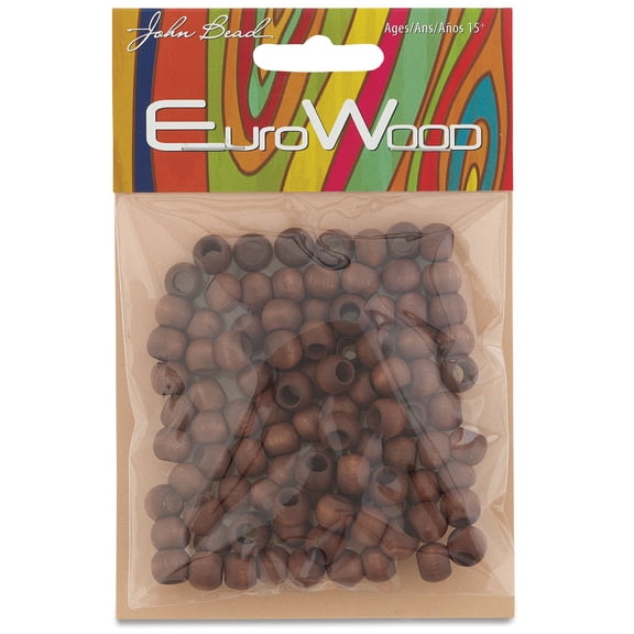 John Bead Euro Wood Beads - Dark Brown, Round Large Hole, 8 mm x 6.5 mm, Pkg of 100