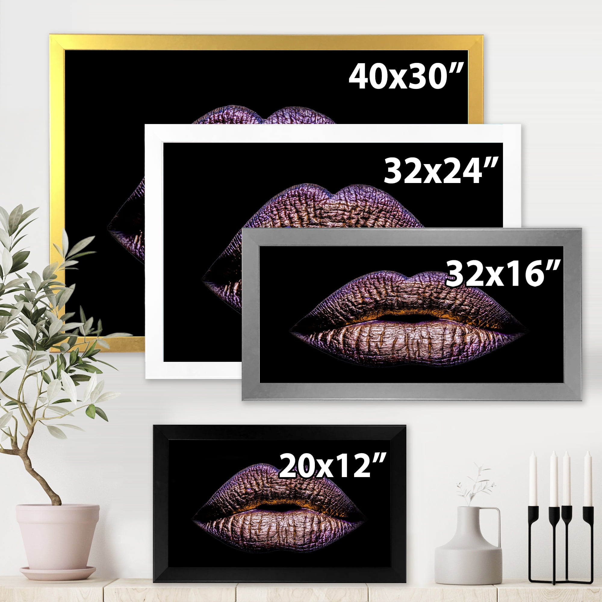 Designart 'Sexy Golden Metallized Woman Lips V' Modern Framed Art Print