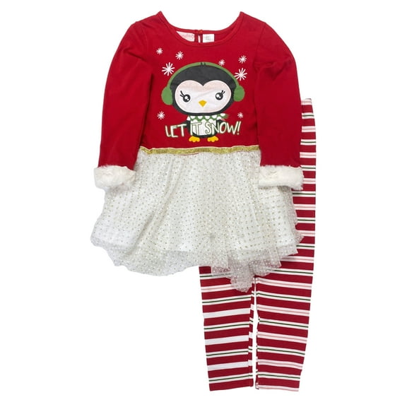 Girls Red Penguin Dress & Striped Leggings Christmas Outfit Set 6