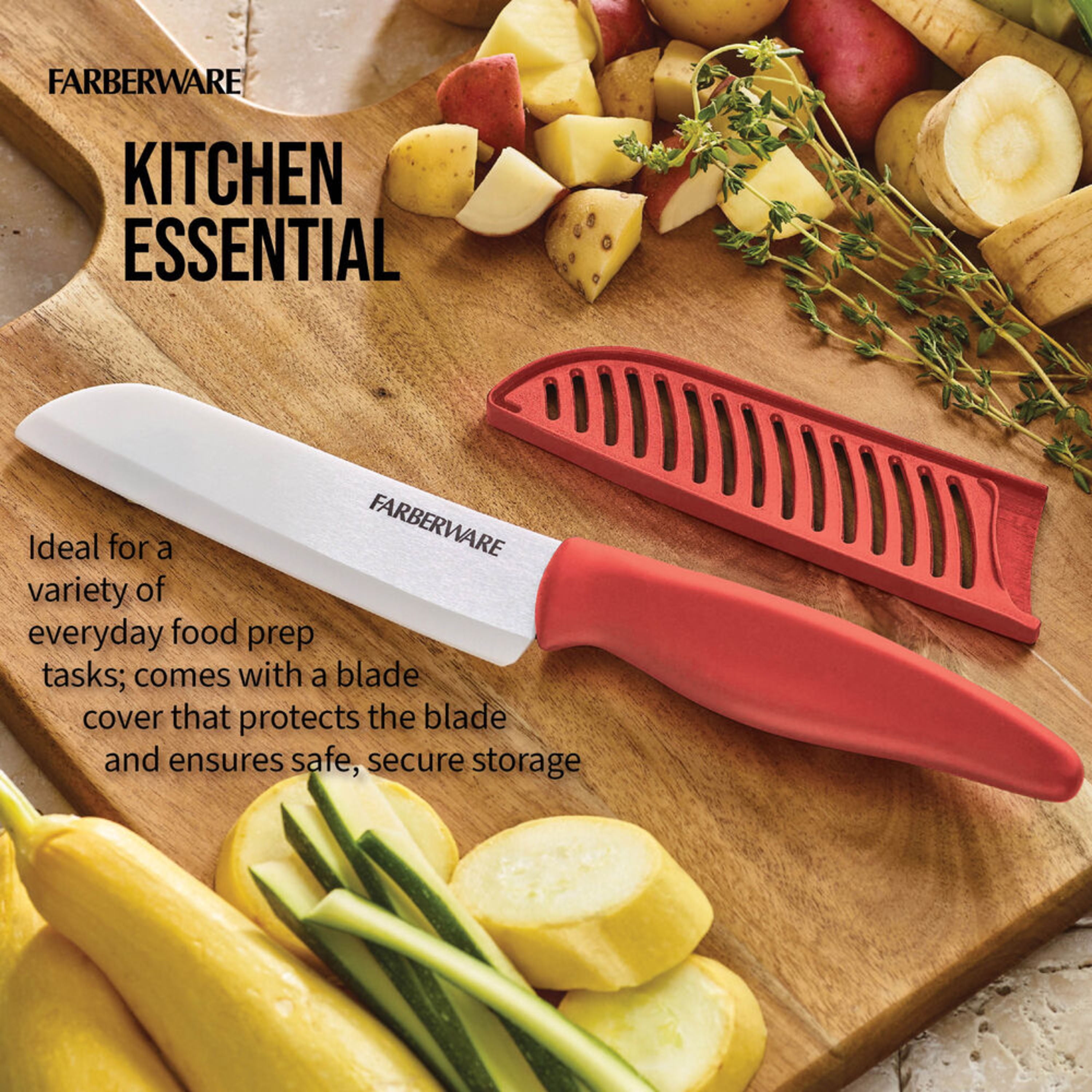 Farberware Ceramic 5-Inch Santoku Knife With Custom-Fit Blade Cover,  Razor-Sharp Kitchen Knife With Ergonomic, Soft-Grip Handle,  Dishwasher-Safe, 5-Inch, Aqua
