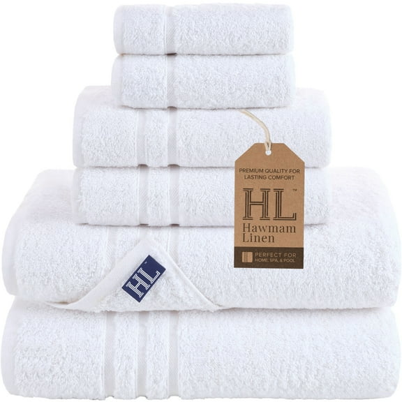 Hawmam Linen White 6 Piece Towel Set - Luxury 100% Turkish Cotton, Soft Plush & Absorbent Bath Towels Set of 6 Large - 2 Bath Towels, 2 Hand Towels, 2 Washcloths Bathroom Towel Set for Spa Hotel Dorm