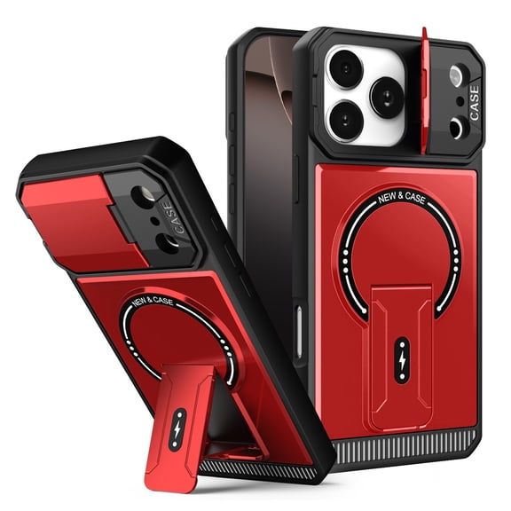 For iPhone 17 Pro Max Case with Magnetic Camera Slide Cover Adjustable Kickstand,Compatible with MagSafe,Shockproof Bumper Case Slim Protective Cover For iPhone 17 Pro Max,Red