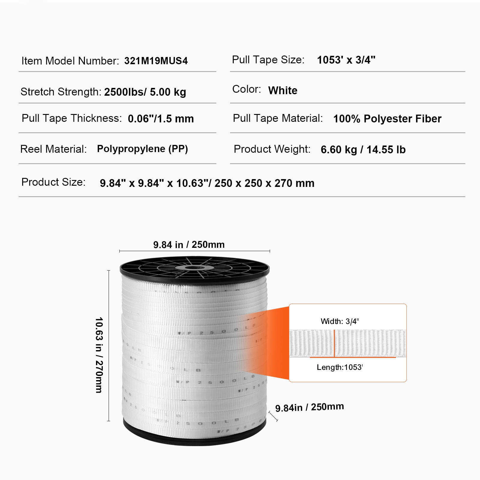 KFFKFF Polyester Pulling Tape, 3/4 inch by 1053 feet Flat Mule Tape, 2500 lbf Strength, Marked Webbing for Cable Pulls, Packing, Gardening, Electrical & Conduit Tasks, White