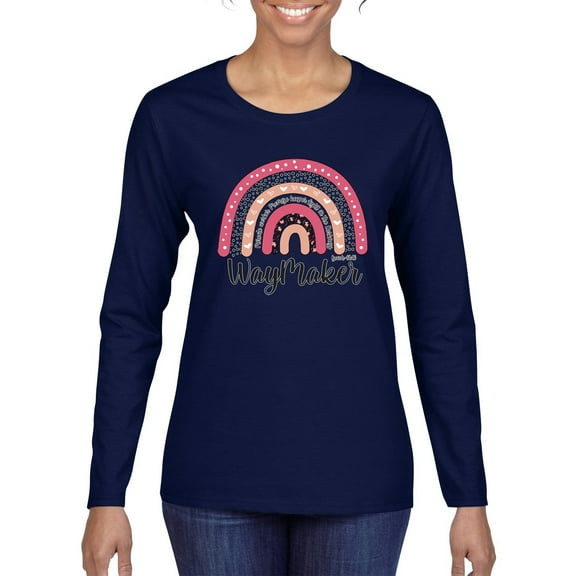 Waymaker Rainbow Inspirational/Christian Womens Graphic Long Sleeve T-Shirt, Navy, Large