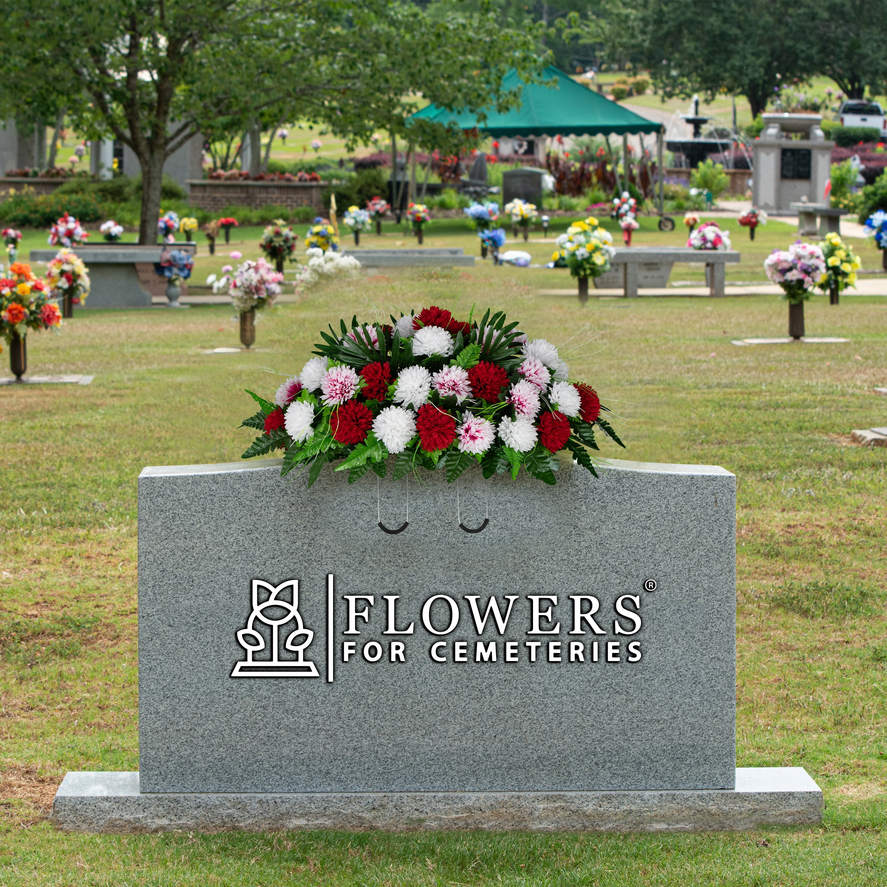 Sympathy Silks Artificial Cemetery Flowers - Red and White Mums - Saddle for Headstone