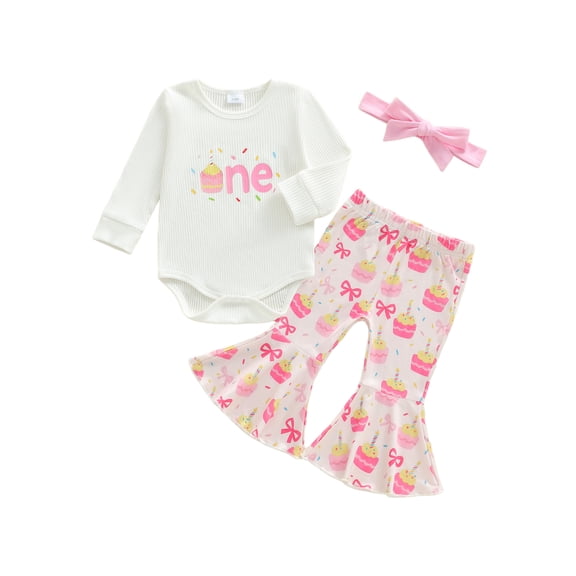 BemeyourBBs Baby Girl First Birthday Outfits 1st Birthday Clothes Cake Long Sleeve Romper Flare Pants Headband Set