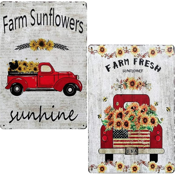 Farm Fresh Sunflower with Red Truck Vintage Tin Bar Sign Farmhouse Kitchen Wall Country Home Decor for Living Room Bedroom Decoration 2Pcs-8X12Inch