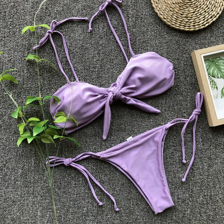 B91Xz Swimsuits for Women Plus Than Kini Purple Bright Bow Bikini Women s Two Piece Swimsuit Hit Purple L