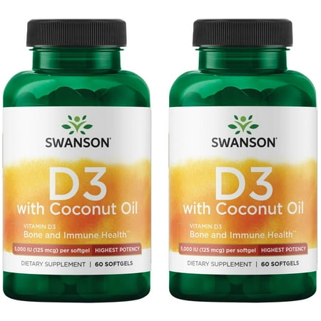 Swanson High Potency Vitamin D-3 w/ Coconut - Natural Supplement Promoting Bone Health & Immune System Support - May Help Increase Calcium Absorption - (60 Softgels, 125mcg Each) (2 Pack)