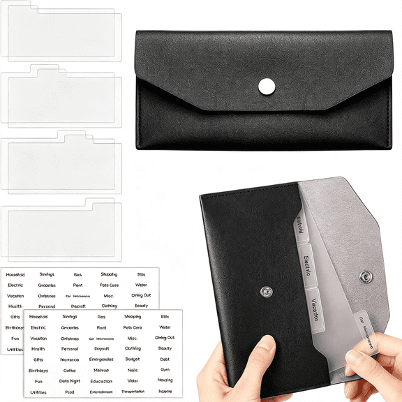 CCOCC Cash Envelope Wallet Pu Leather 7 X 3.5 Inch Reusable Budget Money Pouch Envelope Organizer 8 Cash Dividers 2 Sheets Category Sticker Labels for Wallets Bill Planner(Black Wallet,Classic)