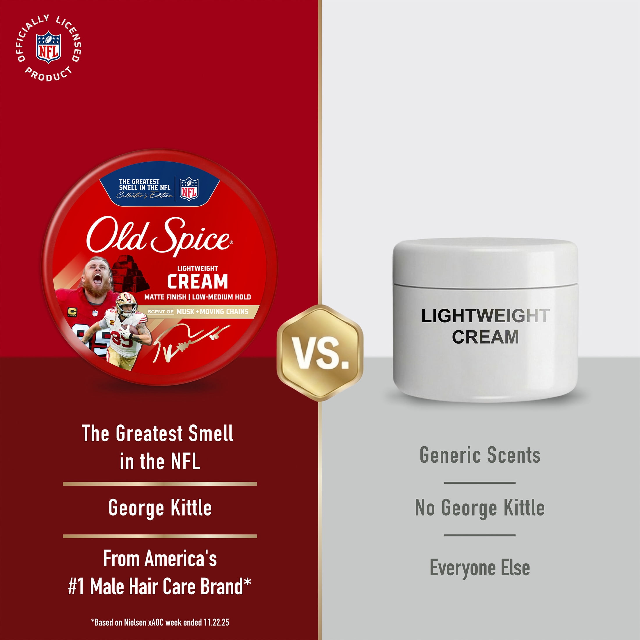Old Spice Lightweight Styling Cream, A Kittle Goes A Long Way,  Low-Medium Hold, Matte Finish, NFL Collection, 2.22 oz