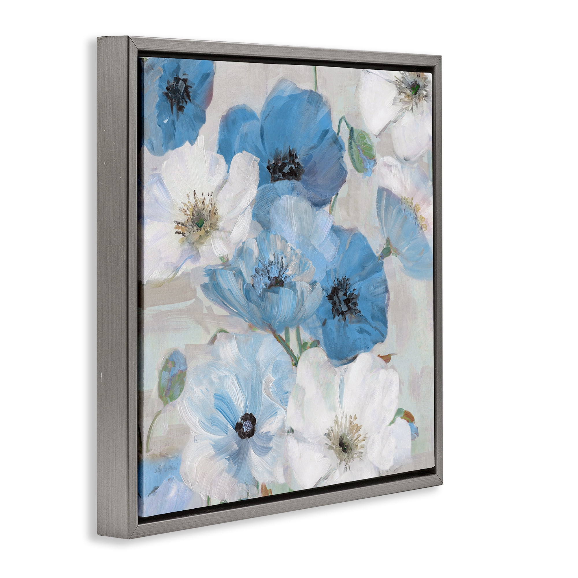 Stupell Industries Mixed Blue & White Blooms Plants & Flowers Painting Gray Floater Framed Canvas Art Print Wall Art, 25 x 25