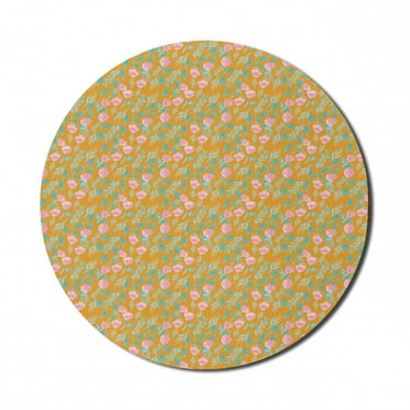 Floral Mouse Pad for Computers, Watercolor Artwork of Flower Branches with Leaves, Round Non-Slip Thick Rubber Modern Gaming Mousepad, 8" Round, Marigold Deep Sky Blue, by Ambesonne