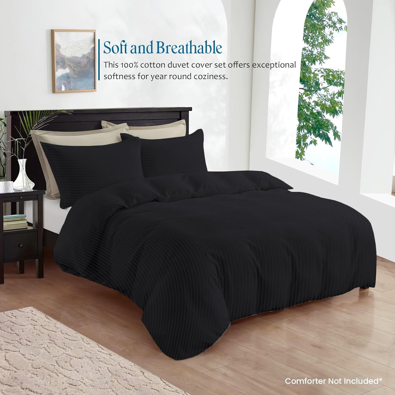 500 TC 100% Egyptian Cotton Premium Duvet set Zipper Closur Ultra Soft Durable and Fade Resistant Color Black Stripe size Queen