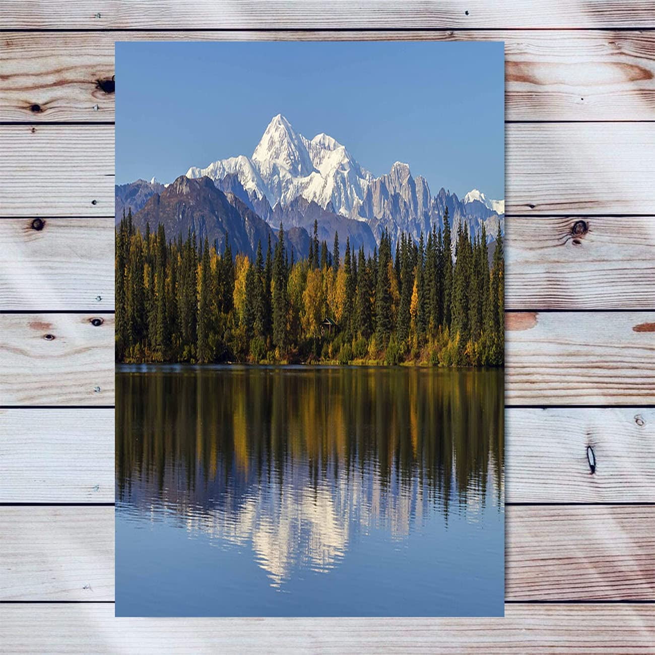 wall26 Framed Canvas Print Wall Art Western Decor Brown Wood Panel Snowy Mountain Forest Nature Shapes Digital Art Modern Art Rustic Scenic for Living - 1