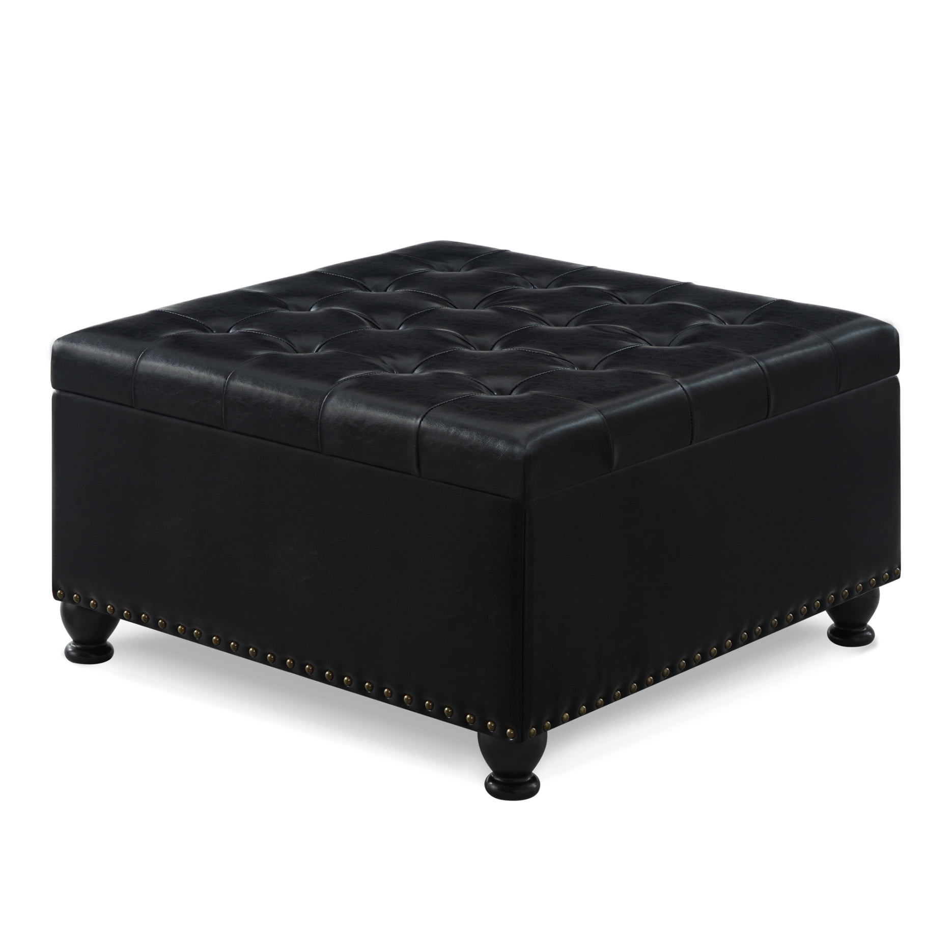 Ottoman with Storage, Large Square Coffee Table with Wooden Legs, Upholstered Button Tufted Storage Ottoman, Coffee Tables with Nail Trims for Living Room Bed Room Apartment, Black PU