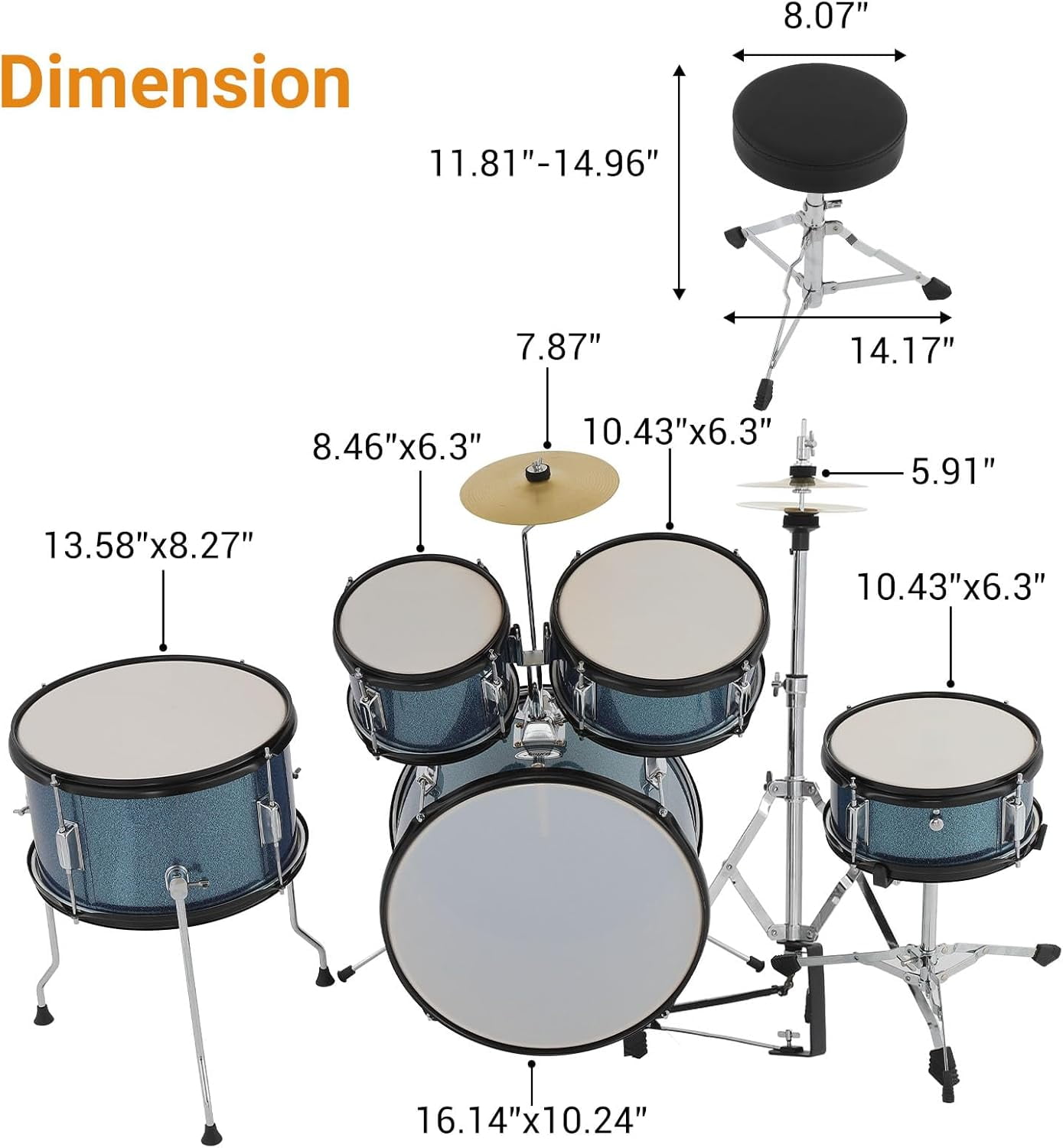5-Piece Drum Set, Complete Kit with Bass Drum, Tom, Snare, Hi-Hat, Cymbal & Pedal, 16in Full Drum Set with Drumsticks and Stool, Blue