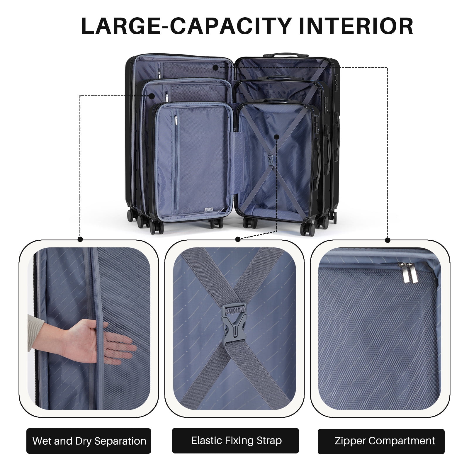 Taoset 28-Inch Expandable Blue Hard Shell Luggage, ABS Suitcase with Dual Spinner Wheels, TSA Accepted Lock, Wet/Dry Compartments, Lightweight & Durable for Travel, Black