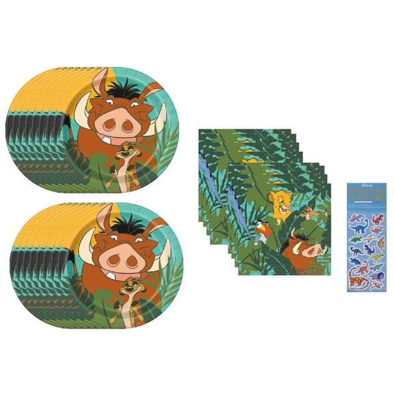 Lion King Birthday Baby Shower Party Supplies Bundle includes 16 Dessert Cake Paper Plates, 16 Beverage Cake Paper Napkins, 1 Dinosaur Sticker Sheet