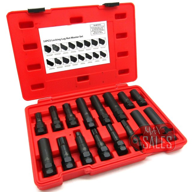 16 pc Locking Lug Nut Socket Master Key Set Wheel Hex Star Spline
