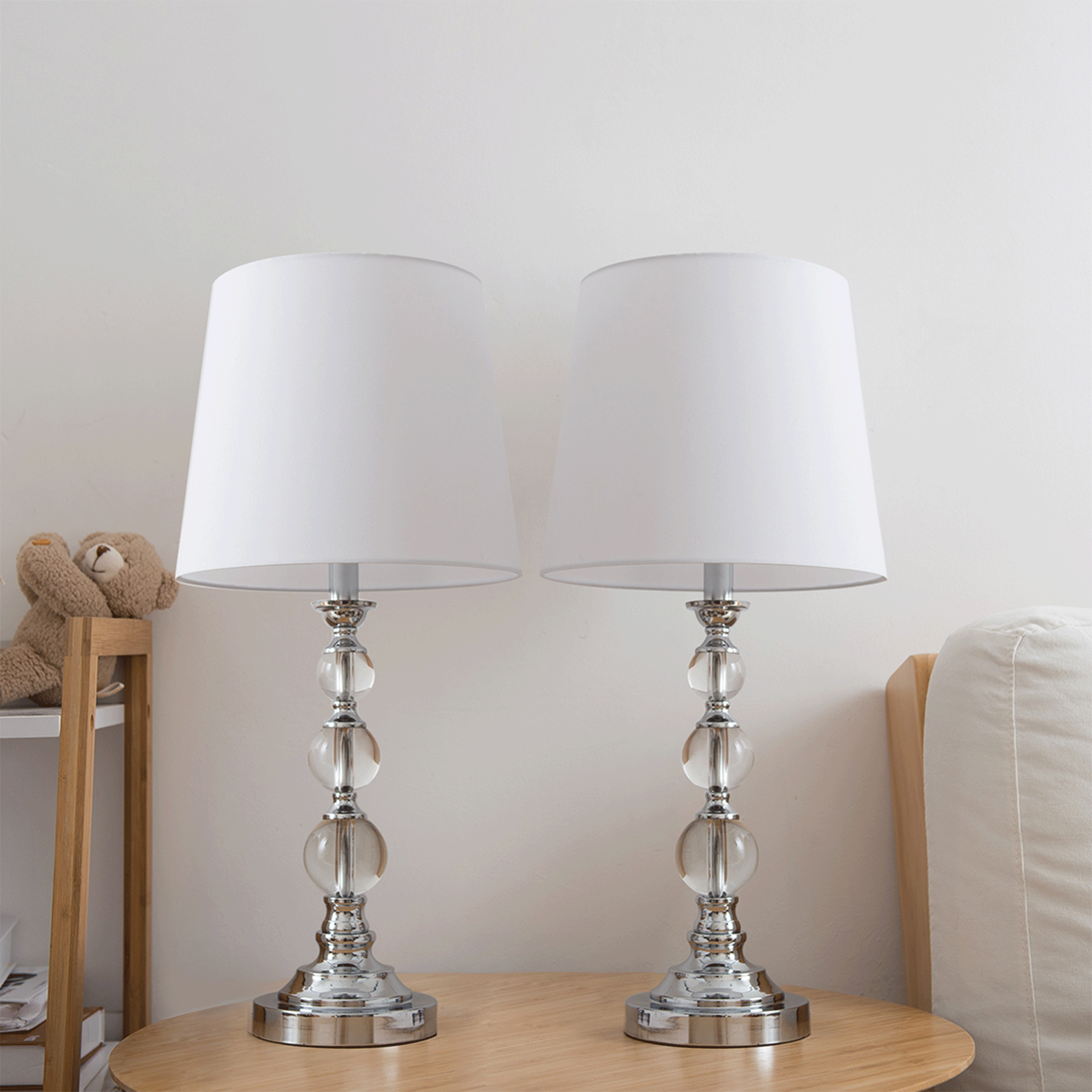 2PCS Table Desk Bedside Lamp Modern with Linen Fabric Shade Solid Metal Base 