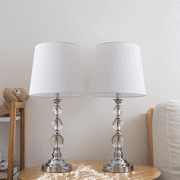 Set of 2,Portable Crystal Ball Stacked Table Lamp Set of 2 in Chrome Finish w/ White Linen Hardback Shade
