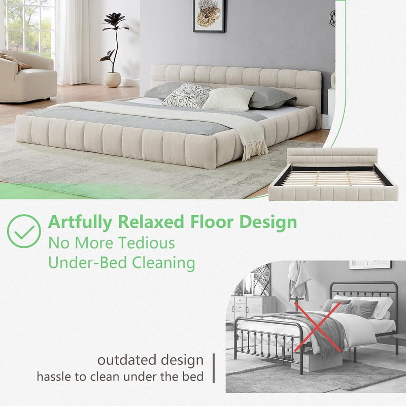 King Size Upholstered Platform Bed with Thick Fabric, Chenille Fabric Grounded Bed Floor Bed with Headboard and Solid Frame, No Box Spring Needed