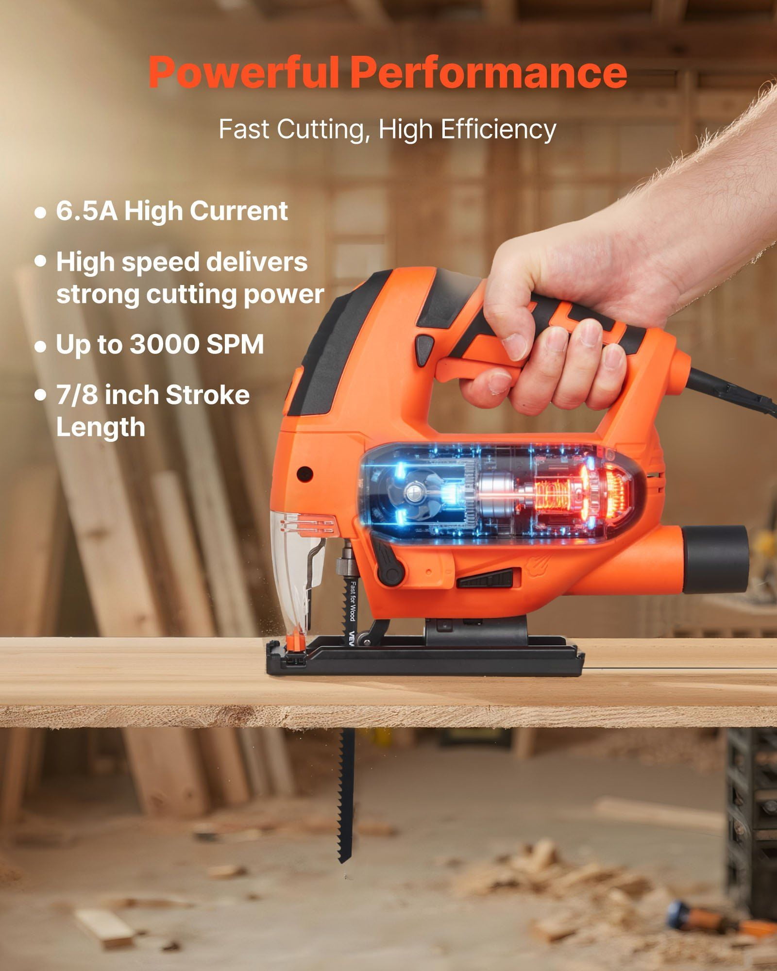 6.5 Amp 3000 SPM Electric Jigsaw with 6 Blades LED Light 6 Variable Speed 0-45 Degree Bevel Cuts 4 Orbital Settings for Wood and Metal Cutting