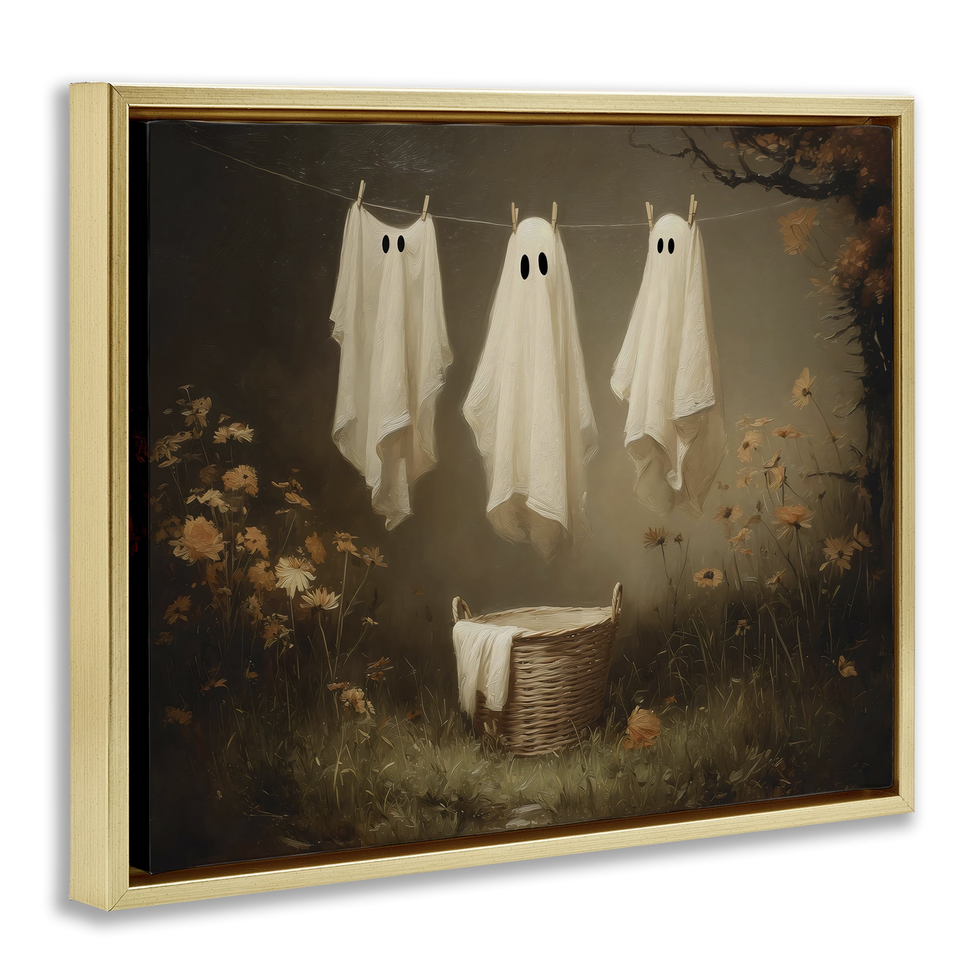 Three Laundry Ghosts Hanging Gold Framed Floater Canvas Wall Art, design by Arlington Prints