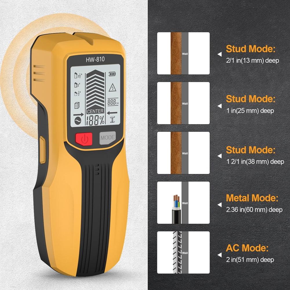 BLEEUS 6 In 1 Smart Stud Finder Wall Scanner For Wood Magnetic Metal Ac Wire Measurement and analysis supplies （Yellow）
