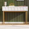thumbnail image 2 of Modern metal leg double drawer dressing table, combining high-quality wood and metal, simple style, multifunctional dressing table, suitable for bedroom, living room, 2 of 9
