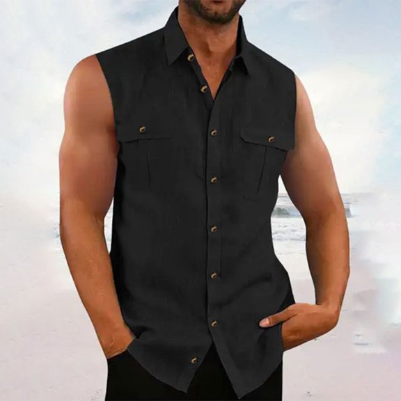 Men's Sleeveless Linen Button-Up Hawaiian Shirt with Lapel Pocket Beach Casual