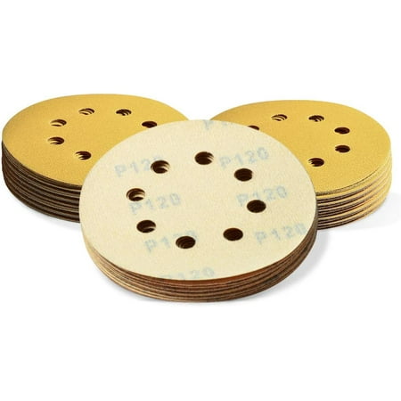 

50 Pcs 5 Inches 8 Hole Sanding Discs 120 Grit Dustless Hook and Loop Sandpaper for Random Orbital Sander Yellow Finishing Discs for Automotive Woodworking
