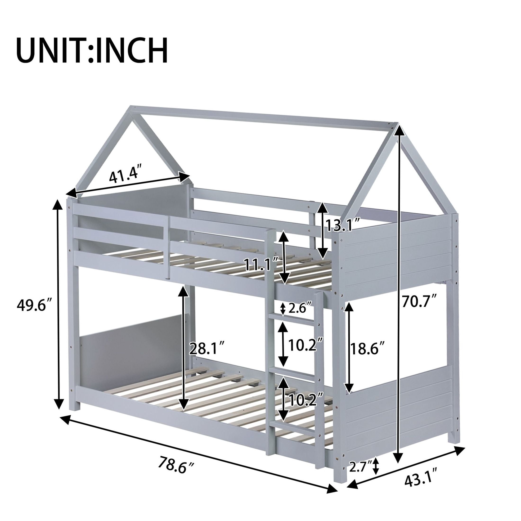 Noble House Twin Over Twin House Floor Bunk Bed, Rubber Wood Frame with Headboards, Guardrails & Ladder, Light Grey
