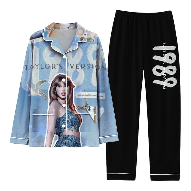 Spring and Autumn Printed Pajamas Women's Fashion Daily Casual V-Neck Long Sleeve Set Character Pattern Printed Pajama Set